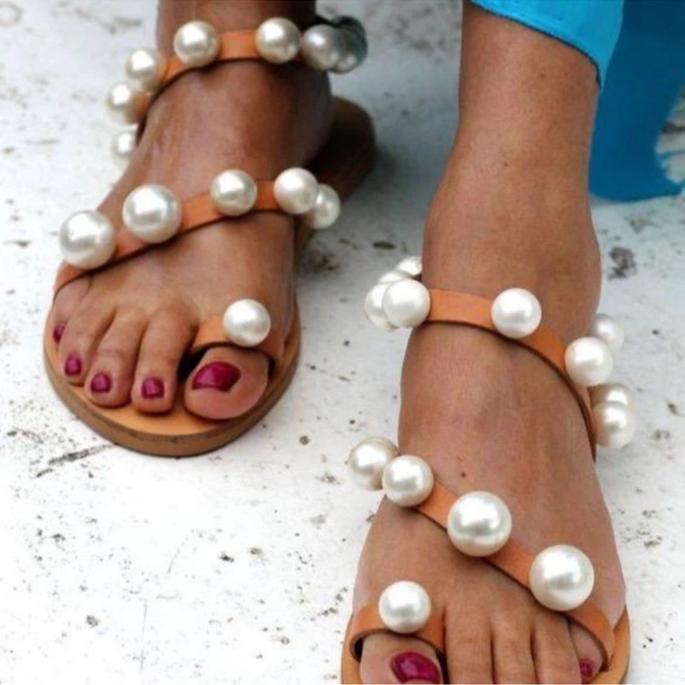 Pearl-Studded Metallic Sandals